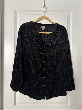 Chico's Black Textured Velvet Button-Front Blouse